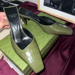 Gucci Croc-Embossed Olive Mules